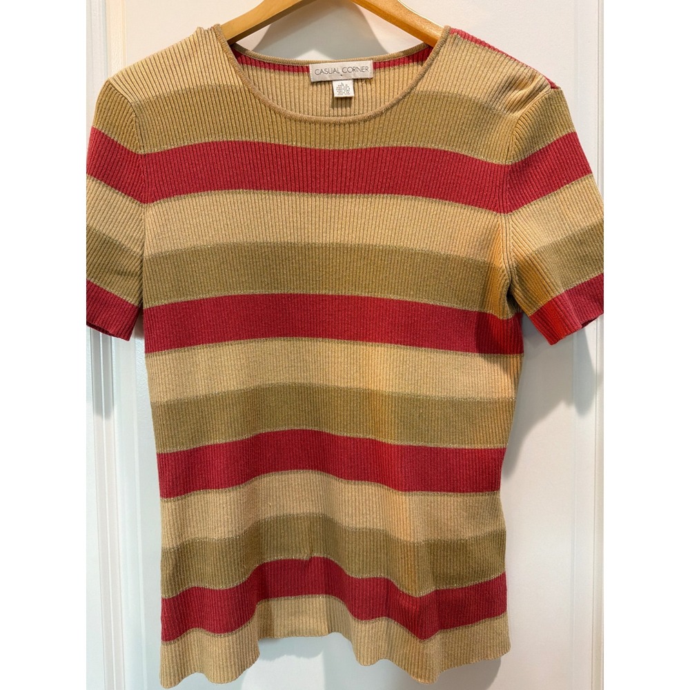 Casual Corner Womens Large Ribbed Knit Striped Short Sleeve Top Red Tan Green